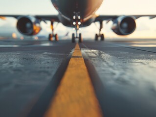 Detailed Close-up of Airline Plane's Landing Gear and Fuselage on Apron with Realistic Depth of Field