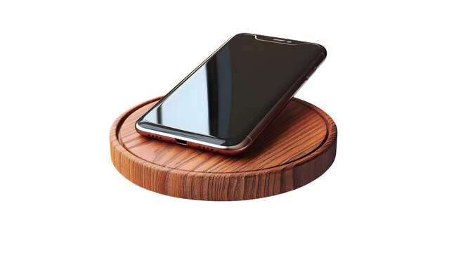 Modern wooden wireless charger isolated on a transparent background, PNG
