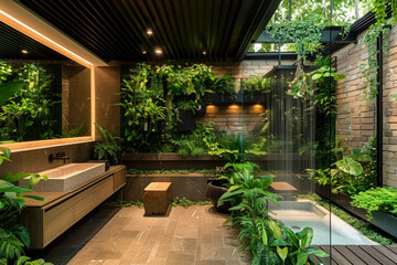 modern bathroom interior in eco style with a lush green garden on the wall. Teak wood countertop and shelves blend seamlessly with the natural theme.