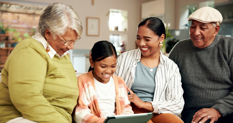 Fototapeta premium Tablet, grandparents and happy child with mom in home on sofa for teaching family online. Kid, grandfather and grandma with mother on tech for learning, relax and girl reading ebook with generations