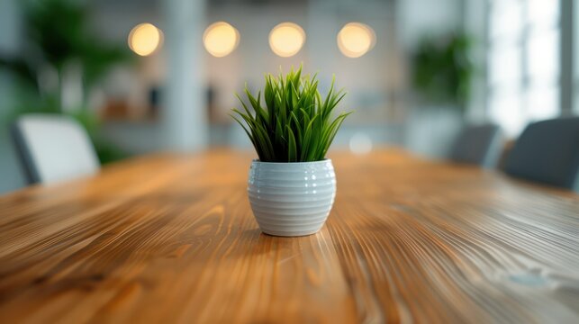 Professional Office Backdrop Image, Modern Workspace with Wooden Table, Green Plant, and Blurred Background Ideal for Zoom Meetings, Video Calls, and Virtual Presentations Download High-Resolution