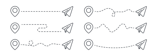 Paper plane flight route outline set isolated on white background vector illustration.
