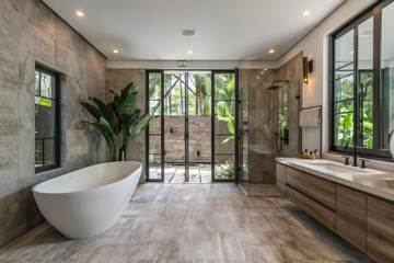 Fototapeta premium Eco-chic bathroom design that combines modern aesthetics with sustainability. Large windows allowing natural daylight and views of greenery.