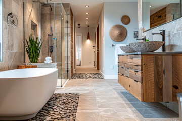 Eco-chic bathroom design that combines modern aesthetics with sustainability. Large windows allowing natural daylight and views of greenery.