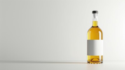 Clear glass bottle with amber liquid and blank label