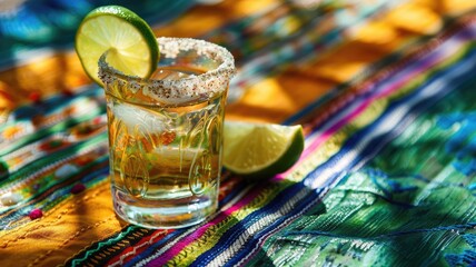 Glass of cocktail with lime and salted rim on colorful fabric