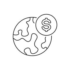 Global finance. Dollar money sign with earth globe icon line style isolated on white background. Vector illustration