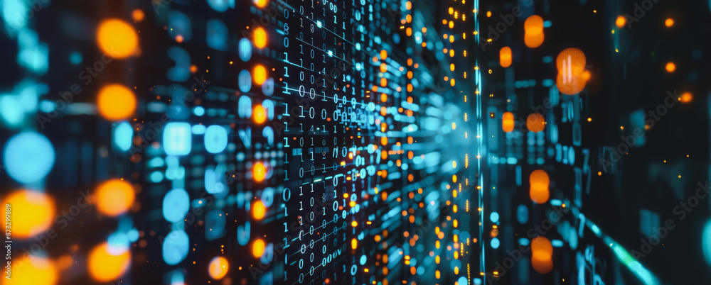 Poster abstract representation of binary code with orange and blue lights