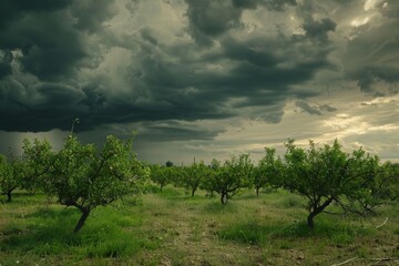 An evocative image of short orchard trees standing resilient under a threatening stormy sky, featuring a dramatic contrast between the dark clouds and the green landscape