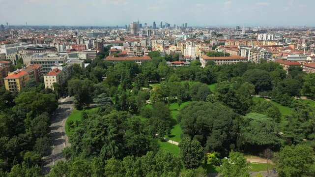 Aerial view of solar panels on the roof. The new SDA Bocconi campus,School of Management. Modern building with classrooms. Green revolution  Ecological energy. Milan Skyline , Italy Europe