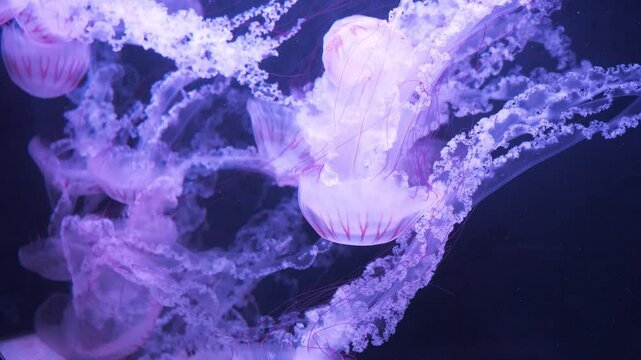Medusas swims underwater. Beautiful jellyfishes in ocean. Cinema 4K Slow Motion video