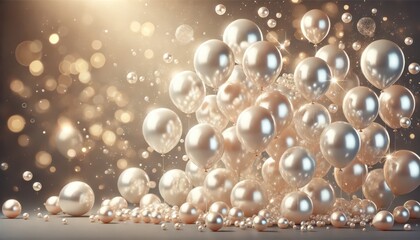 Elegant, pearl-colored balloons floating against a soft, bokeh background. The balloons have a shiny, reflective surface