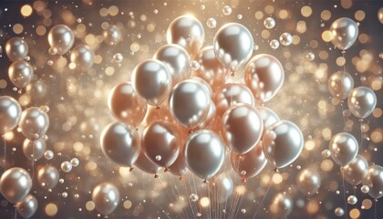 Fototapeta premium Elegant, pearl-colored balloons floating against a soft, bokeh background. The balloons have a shiny, reflective surface