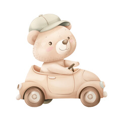 Fototapeta premium Watercolor cute Teddy bear riding car illustration isolated on a transparent background