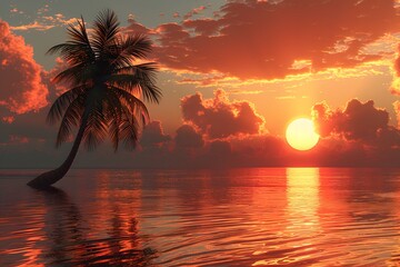 Tropical Sunset Scene: Vibrant Orange Sky, Palm Tree Silhouette, Tranquil Ocean Reflection - Perfect for Travel Posters and Summer Designs