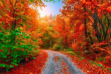 Naklejka premium forest road in autumn. Autumn landscape in nature. pathway in the forest, which is beautiful with autumn colors. Forest landscape covered with colorful trees. colorful nature landscape.