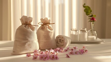 Spa treated bags with flowers on table against light backdrop