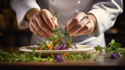 Chef preparing a salad in a restaurant kitchen, close-up