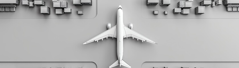 Aerial view of a model airplane on a minimalist cityscape background, showcasing urban planning and transportation concept.