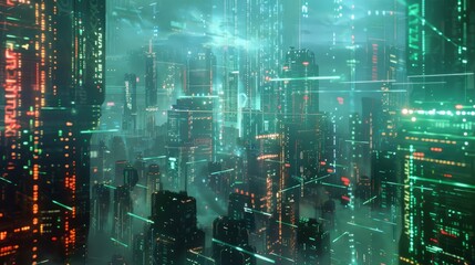 Fototapeta premium futuristic cityscape with a holographic overlay displaying a vast amount of data