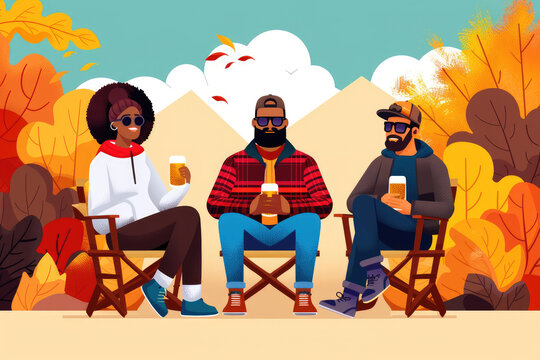 Friends enjoying international beers in a flat design autumn landscape. - Powered by Adobe