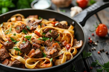 Close-up of a pan full of Italian pasta with mushrooms, spicy herbs and fresh vegetables, top view, perfect for a recipe website or cooking school website, copy space, place for text