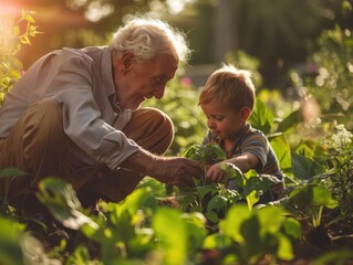 elderly man and young boy planting seedlings in sundappled garden intergenerational bonding amidst lush greenery and blooming flowers - Powered by Adobe