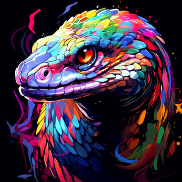 Painting of a snake's face, full of beautiful colors for various logos dark background