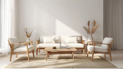 Side view of Scandinavian-style living room set, featuring a minimalist sofa, armchairs, and a coffee table with clean lines and natural wood finishes. The design highlights simplicity 