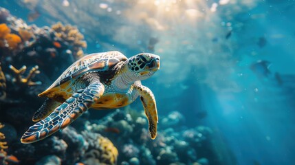 Obraz premium Turtle Gracefully Swims Through the Crystal Clear Waters of a Tropical Reef, With Sunbeams Filtering Through the Surface