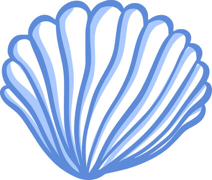 Abstract hand drawn blue seashell. Elegant vintage isolated wavy striped cockleshell. Coastal summer clipart element. Vector illustration for t-shirt, swimwear, beach bag, poster, cover, label