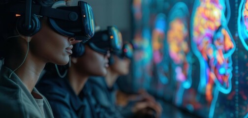 Virtual reality image of a group of people intently viewing a human scan through VR glasses, displaying a complex problem.