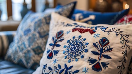 A a decorative Hanukkah pillow holiday-themed embroidery.