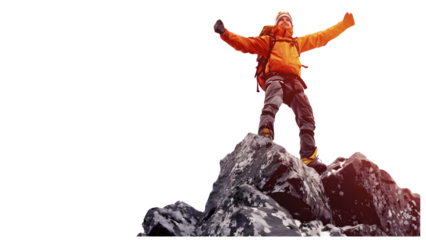 Hiker celebrating on top of a mountain isolated on a transparent background, PNG