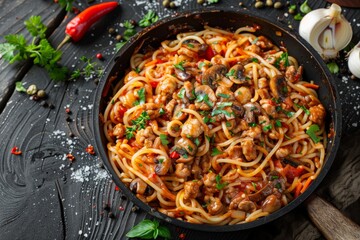 Close-up of a pan full of Italian pasta with mushrooms, spicy herbs and fresh vegetables, top view, perfect for a recipe website or cooking school website, copy space, place for text