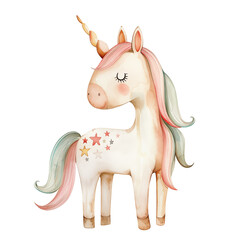 Cute unicorn with stars isolated on a white transparent background. Watercolor illustration. Fairytale magic clip art.