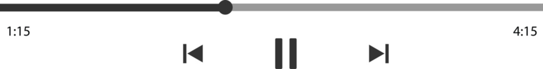 Media player progress bar with time slider, play, rewind and fast forward buttons. Template of audio or video player playback