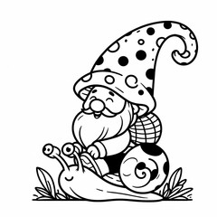 A simple, black and white illustration of a garden gnome wearing a polka dot mushroom hat and riding a snail in a coloring book style.