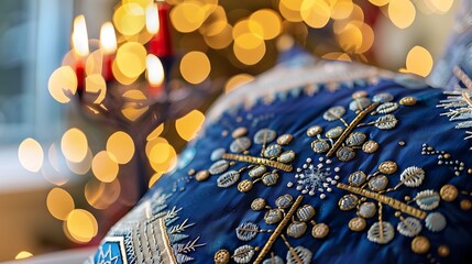 A a decorative Hanukkah pillow holiday-themed embroidery.