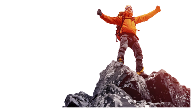 Hiker celebrating on top of a mountain isolated on a transparent background, PNG