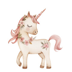 Cute unicorn with stars isolated on a white transparent background. Watercolor illustration. Fairytale magic clip art.
