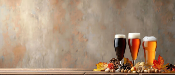 Global beers on rustic autumn table, flat design, cozy atmosphere.