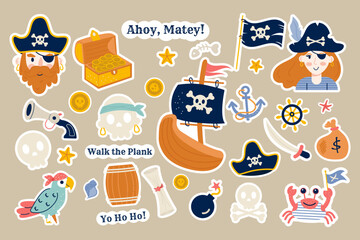 Pirate stickers set flat design