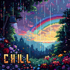 Obraz premium Pixel Art Landscape with Rainbow and Chill