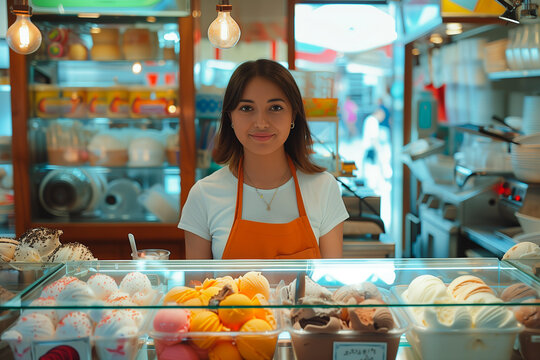 Jeune femme travaillant dans un magasin de cr&egrave;me glaces avec un tablier derri&egrave;re son comptoir