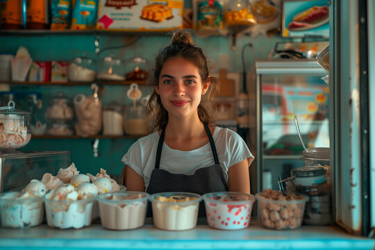 Jeune femme travaillant dans un magasin de cr&egrave;me glaces avec un tablier derri&egrave;re son comptoir