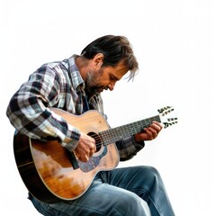 Obraz premium Man Playing Acoustic Guitar Outdoors Isolated on White Background