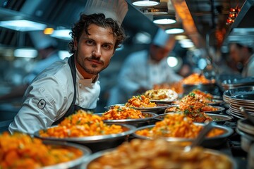 Fototapeta premium Chef Presenting Colorful Buffet Dishes