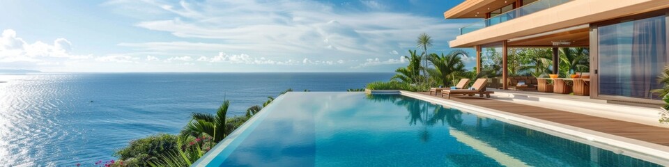 Fototapeta premium abstract background,Exquisite Living Room Design Blending Modern Furniture with Stunning Seaside View. Beachfront Vacation Villa with Infinity Pool Overlooking the Ocean, Creating an Abstract Luxury V