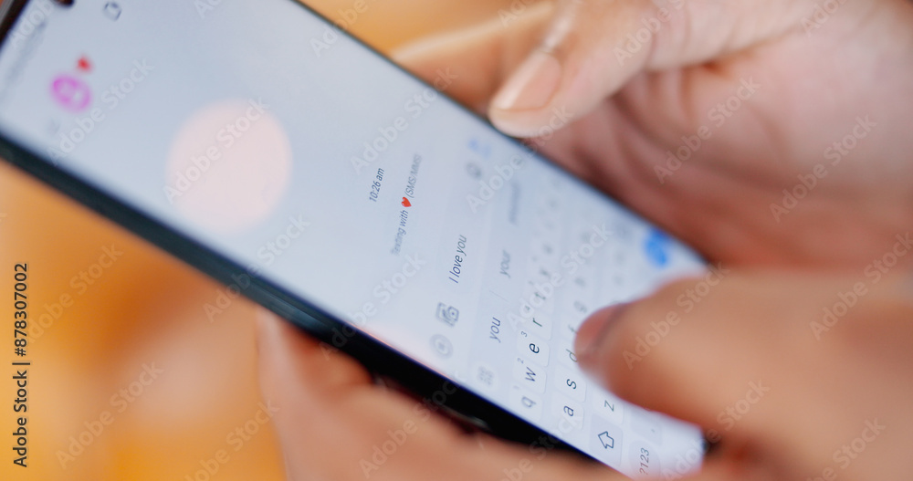 Poster phone, screen and hands typing for networking with text message for communication online. cellphone,
